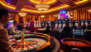 Engaging casino scene with players enjoying table games and online interfaces at https://kjc.money/.