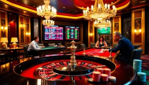 Players enjoying a high-stakes poker game at a luxurious casino that features https://s8ok.com/ betting options.