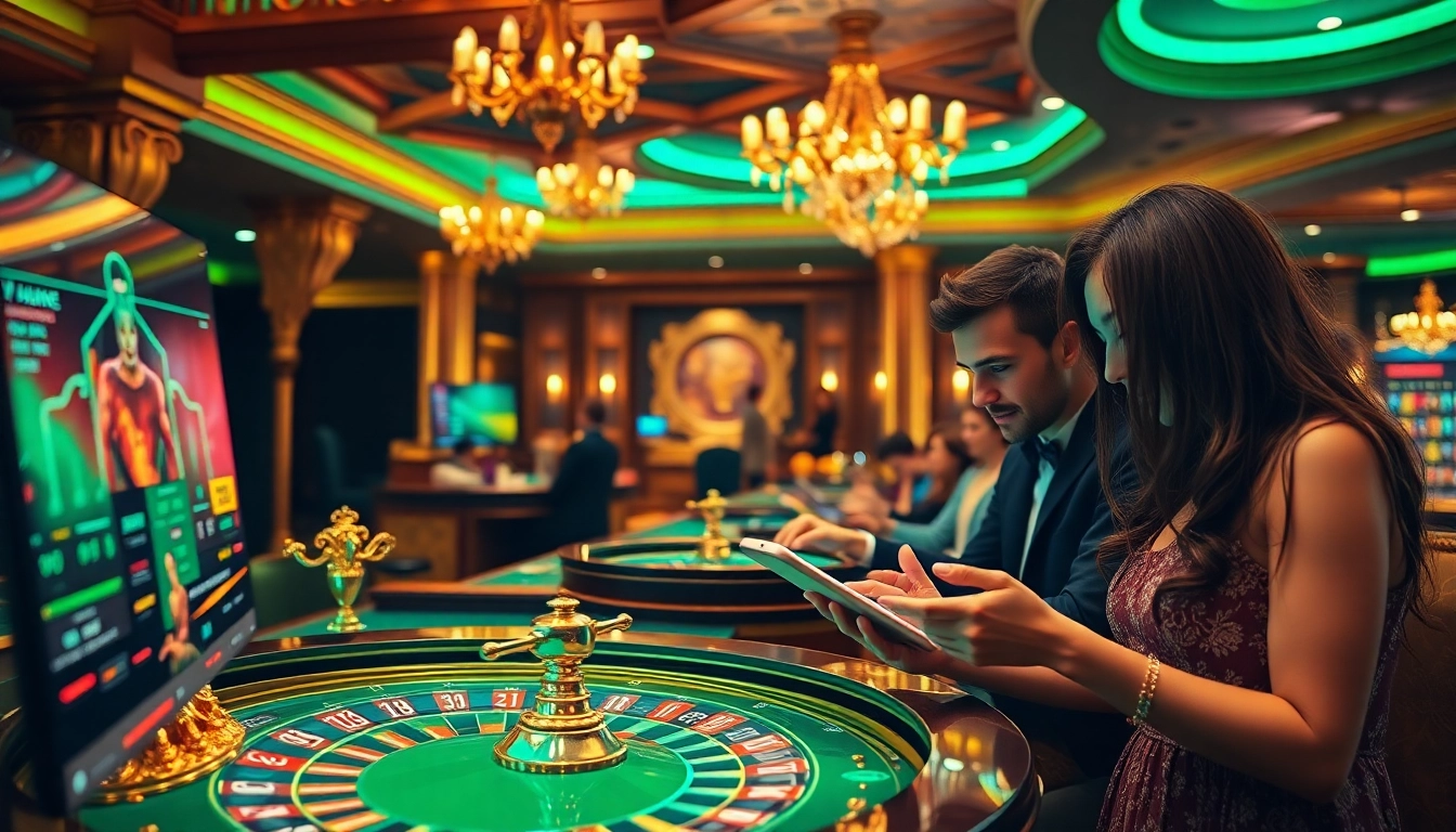 Players engaging with 7upbet in a luxurious online casino environment, showcasing excitement and betting options.