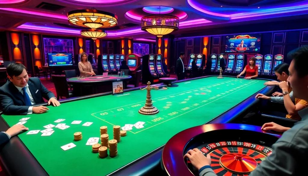 Engaging gamblers at the luxurious atmosphere of https://nk88s.com/ with professional dealers and vibrant casino action.