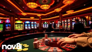 Experience the thrilling ambience of nova88 casino with players at roulette and vibrant slot machines.