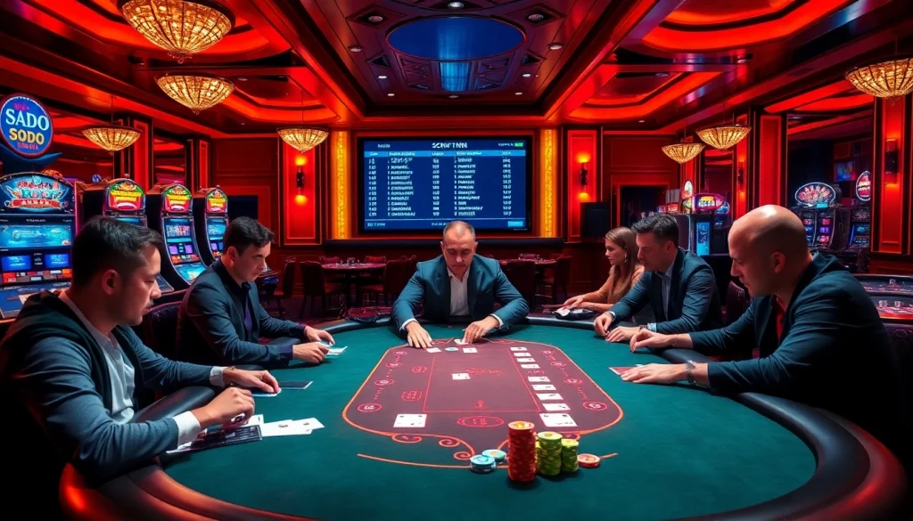 Intense poker game at SODO Casino with vibrant chips and professional dealers creating excitement.
