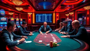 Intense poker game at SODO Casino with vibrant chips and professional dealers creating excitement.