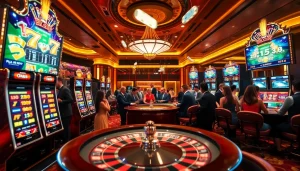 Experience the vibrant energy of ok88 casino with players engaging at exciting slot machines and roulette tables.