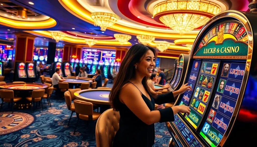 Người chơi cá cược phấn khích chiến thắng tại máy đánh bạc LUCK8 trên sàn casino sang trọng với nhiều yếu tố sống động.