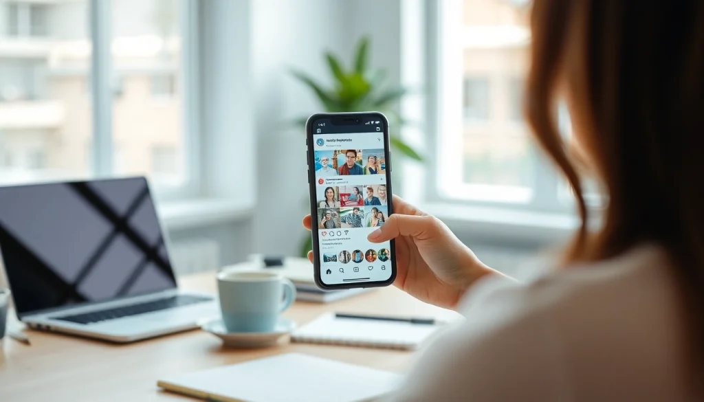 Engaging user interface of Instapro app on a smartphone in a modern workspace.