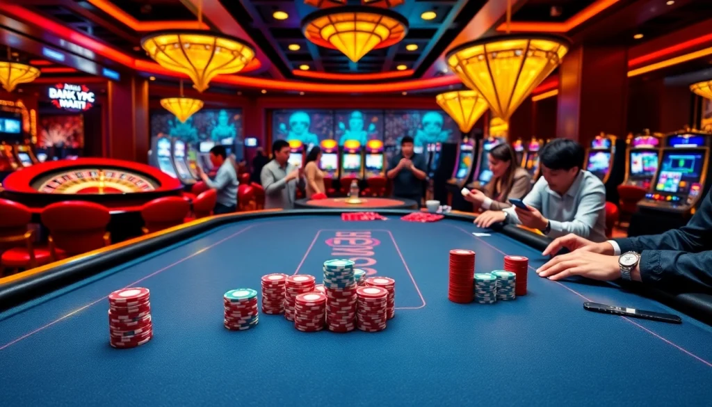 Exciting GK88 poker game featuring vibrant casino tables and eager players.