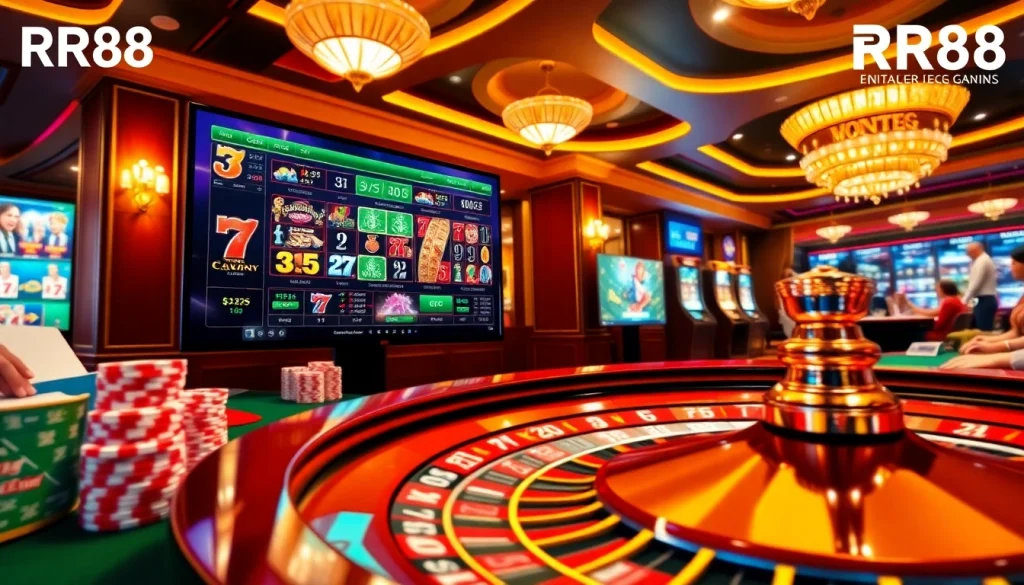 Exciting gambling action at RR88 with poker chips and a roulette wheel, showcasing online gaming.