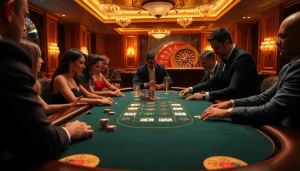 Intently engaging in high-stakes poker at https://s8ok.com/, showcasing chips and cards in a lavish casino setting.