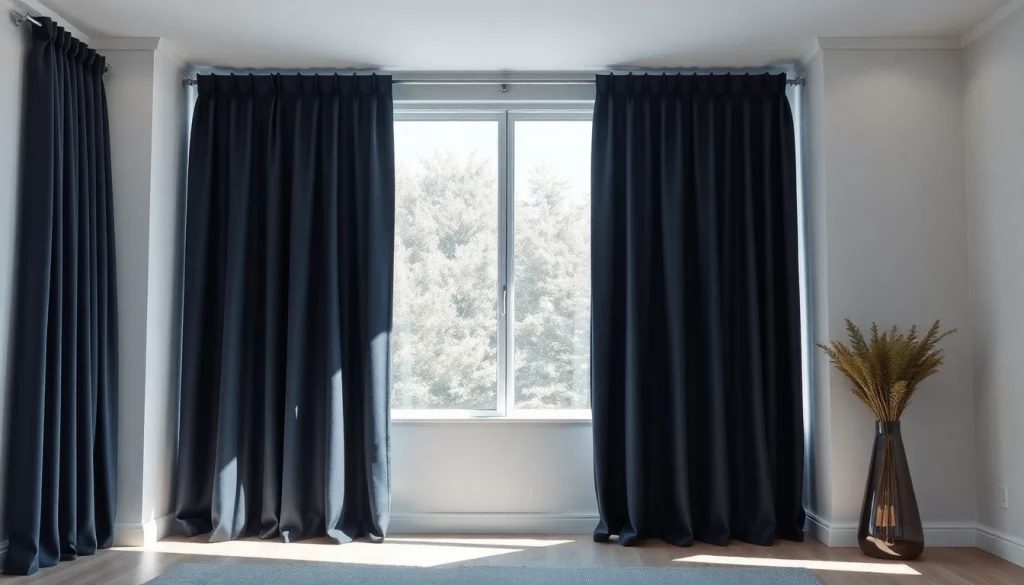 Verduisterende gordijnen creëren een sfeervolle ambiance in een moderne woonkamer.