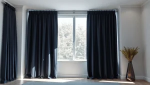 Verduisterende gordijnen creëren een sfeervolle ambiance in een moderne woonkamer.