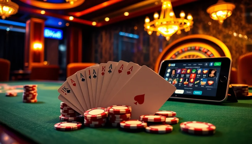 Experience the thrill of gaming at BK8 with a luxurious casino setup featuring poker chips and a roulette wheel.