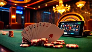 Experience the thrill of gaming at BK8 with a luxurious casino setup featuring poker chips and a roulette wheel.