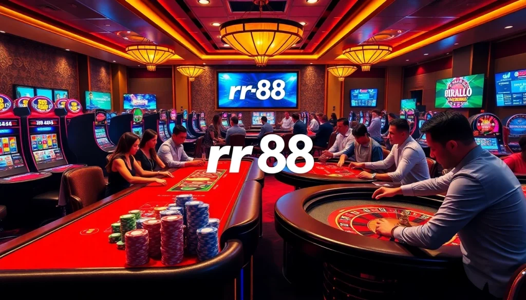 Intense gambling scene featuring rr 88 with casino tables, players placing bets, and vibrant slot machines.