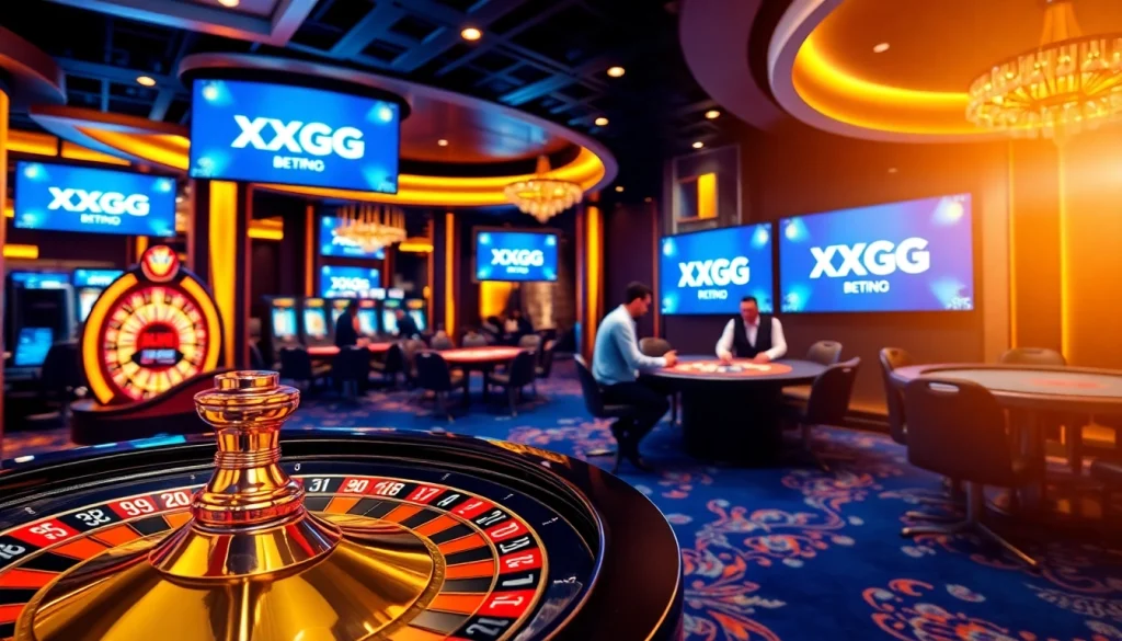 Experience the excitement of XXGG with elegant casino elements showcasing roulette and slots.