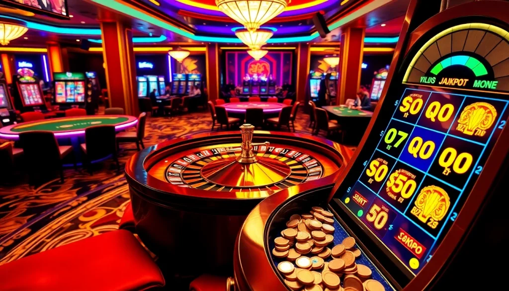 Engage with the gojekpot experience at a luxurious casino with vibrant gaming tables and enchanting slot machines.