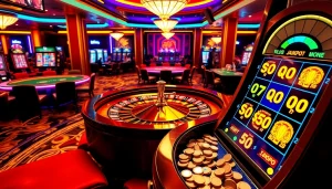 Engage with the gojekpot experience at a luxurious casino with vibrant gaming tables and enchanting slot machines.