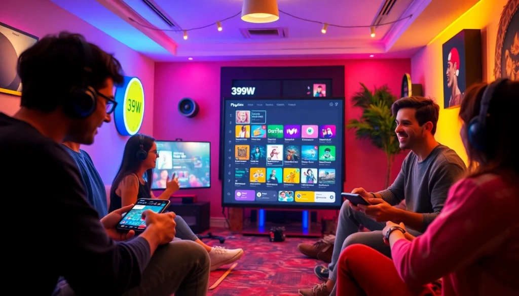 399W platform showcasing users engaged in casual games and collaborative playlists in a vibrant digital environment.