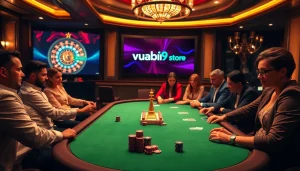 Intense poker game at https://vuabai9.store/ with players and vibrant casino elements.