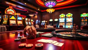 Engaging scene of players at the RR88 casino table, filled with poker chips and cards.