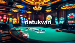 Pemain menikmati permainan poker yang mendebarkan di kasino yang hidup dengan tema datukwin.