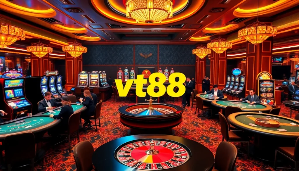 Experience the excitement of vt88 with dealers at professional tables amidst vibrant casino decor.