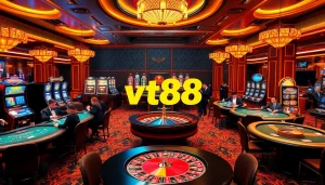 Experience the excitement of vt88 with dealers at professional tables amidst vibrant casino decor.