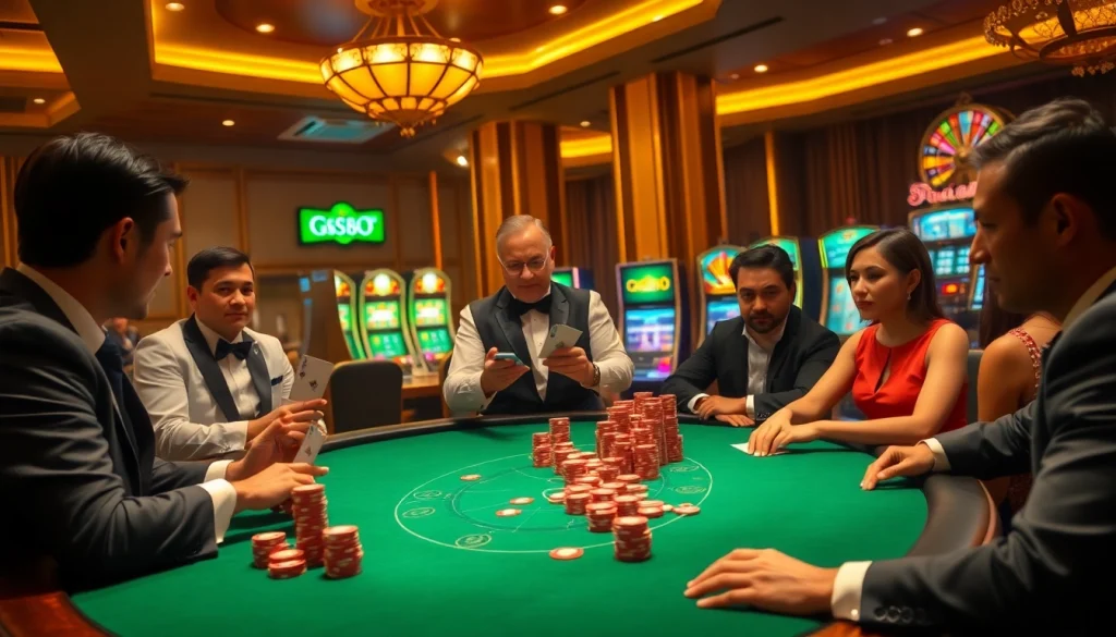 Gambling excitement at https://gg88.biz/ featuring players at a poker table in a vibrant casino.