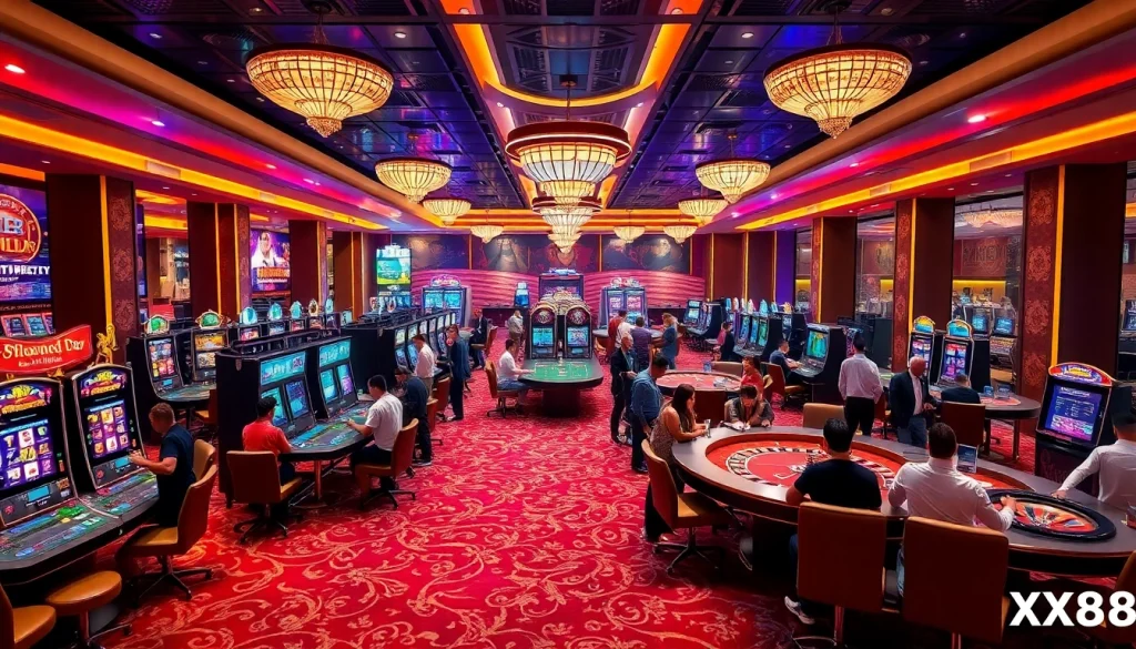 Excited gamblers playing at XX88's luxurious casino tables and slot machines.
