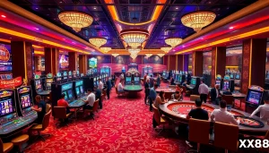Excited gamblers playing at XX88's luxurious casino tables and slot machines.