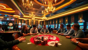 Nohu-themed chic casino atmosphere with excited players at a poker table.