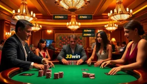 33Win players engaged in an exciting poker game with vibrant chips and cards in a luxurious casino setting.