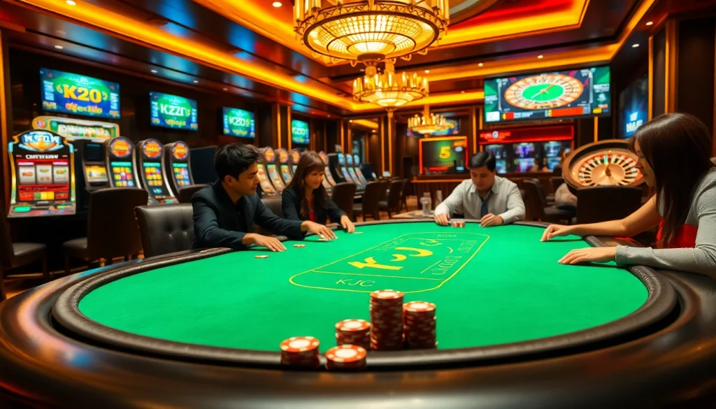 Players at KJC poker table enjoying a thrilling game with vibrant casino elements