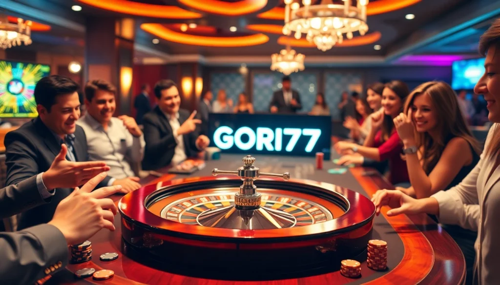 Players enjoying a thrilling game at a luxurious casino table, featuring gori77 elements.