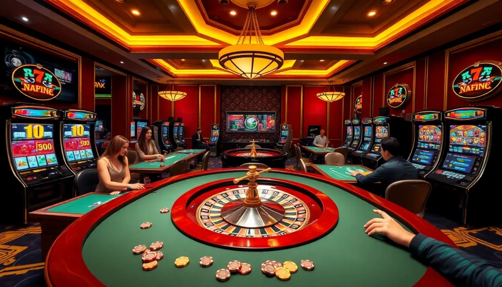 Players enjoying various gambling games like poker and blackjack at a luxurious casino with plus777 theme.