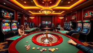 Players enjoying various gambling games like poker and blackjack at a luxurious casino with plus777 theme.