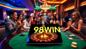 Experience the thrill of gambling at 98WIN with vibrant casino tables and enthusiastic players.