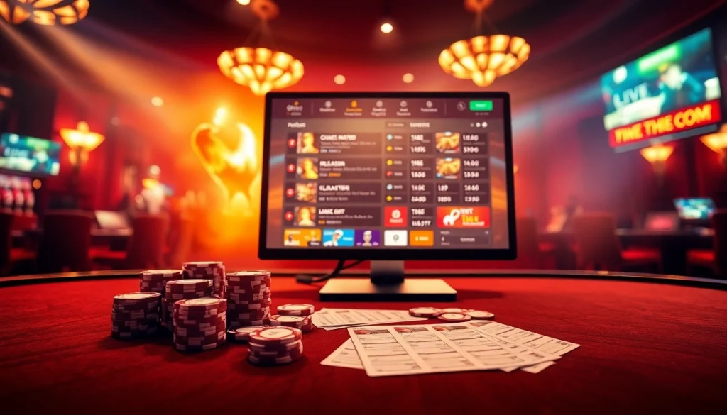 Exciting scene of Nhà cái đá gà online with dynamic betting interface and casino atmosphere.