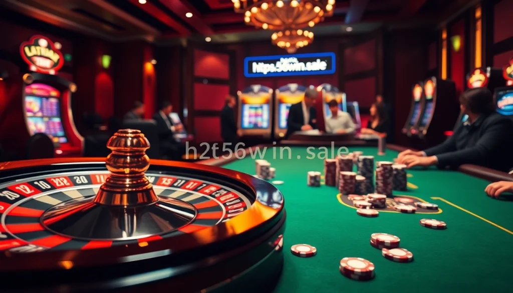 Experience thrilling gambling at https://56win.sale/ with vibrant casino tables, poker games, and slot machines.