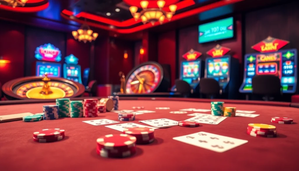 Experience the thrill of gambling at loto188.gb.net with vibrant casino visuals showcasing poker tables and roulette wheels.