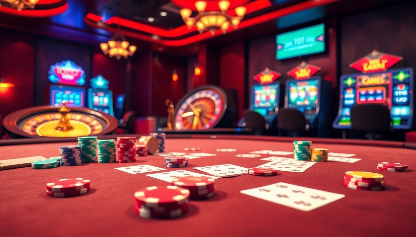 Experience the thrill of gambling at loto188.gb.net with vibrant casino visuals showcasing poker tables and roulette wheels.
