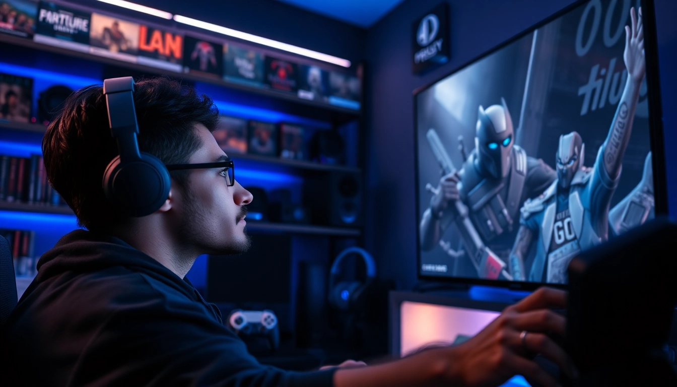 Gamer analyzing PS5 Pro game reviews on a large screen in a modern gaming room.