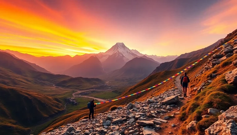 Manaslu Circuit Trek showcasing stunning landscapes with Mt. Manaslu, colorful sunset, and adventurous hikers.