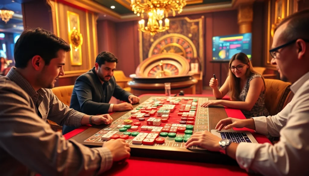 Playing רמיקוב אונליין with friends in an exciting casino environment filled with colorful tiles and strategy.