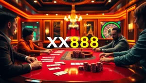 Experience the excitement at XX888 with vibrant poker gameplay in a luxury casino setting.