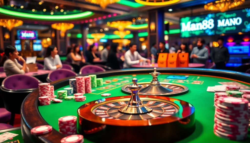 Engaging casino table scene showcasing Man88 with poker chips and a roulette wheel.