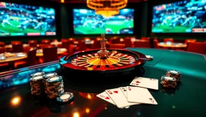 Engaging scene of nhà cái S8 with roulette and poker chips, showcasing online gambling excitement.