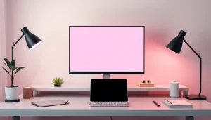 Calm workspace with a pink screen on a computer, enhancing creativity and focus.