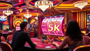 Rasakan sensasi Slot Depo 5K dengan visual kasino yang menarik dari para pemain yang berinteraksi dengan mesin slot yang berwarna-warni.