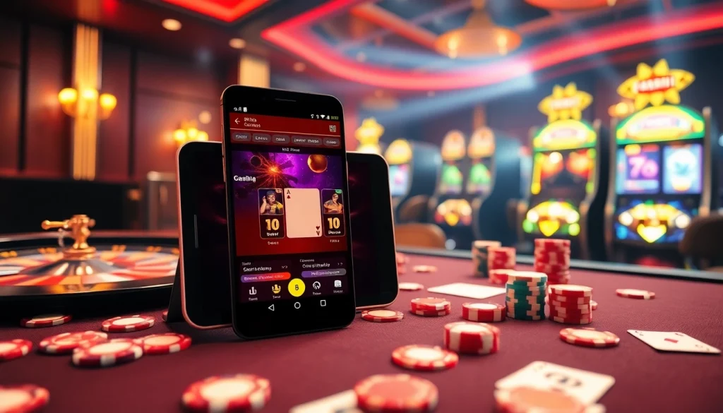 Engaging scene featuring the 98win app interface alongside casino elements like chips and a roulette wheel.